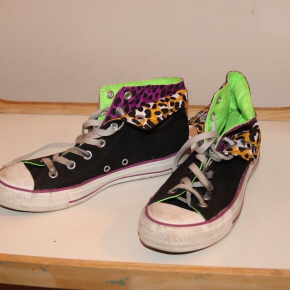Converse Double Flap Leopard Black Purple Lime Green Women 8 Chuck Taylor Shoe - Picture 2 of 8
